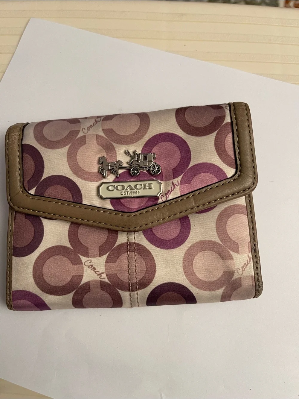 Coach Pink and Taupe Circle Print Trifold Wallet with Logo Charm